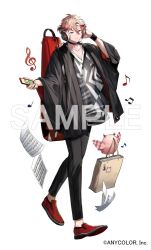 Rule 34 | 1boy, bag, bird, black choker, black jacket, black pants, black shirt, blonde hair, border0715, cellphone, choker, closed mouth, copyright notice, flying paper, full body, guitar case, hair between eyes, half updo, hand on headphones, haori, headphones, holding, holding phone, instrument case, jacket, japanese clothes, jewelry, long sleeves, looking at viewer, male focus, mouth hold, multicolored hair, musical note, necklace, nijisanji, official art, open clothes, open jacket, owl, pants, paper, paper bag, patterned clothing, phone, red eyes, red footwear, red hair, ring, ring necklace, sample watermark, seraph dazzlegarden, sheet music, shirt, shoes, short hair, simple background, smartphone, smile, solo, standing, sticker, streaked hair, two-tone shirt, v-neck, virtual youtuber, watermark, white background, white shirt, wide sleeves, wristband