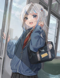 Rule 34 | 1girl, alternate costume, bag, bag charm, black skirt, bloop (gawr gura), blue eyes, blue hair, blue jacket, blunt bangs, cellphone, character name, charm (object), collared shirt, commentary, cowboy shot, day, earbuds, earphones, english commentary, fins, fish tail, gawr gura, grey hair, hair ornament, hands up, highres, hololive, hololive english, jacket, long sleeves, looking at viewer, medium hair, multicolored hair, necktie, open mouth, partially unzipped, penta (pepepen 28), phone, pleated skirt, red necktie, school bag, school uniform, shark girl, shark hair ornament, shark tail, sharp teeth, shirt, sidelocks, single earphone removed, skirt, smartphone, smile, solo, standing, streaked hair, tail, teeth, train interior, two side up, upper teeth only, virtual youtuber, white shirt