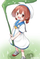 Rule 34 | 1girl, :d, ahenn, dress, hair between eyes, hat, holding, holding leaf, kaiboukan no.4 (kantai collection), kantai collection, leaf, leaf umbrella, looking at viewer, open mouth, red eyes, red hair, sailor dress, sailor hat, short hair, short sleeves, smile, solo, standing, twitter username, white dress, white hat