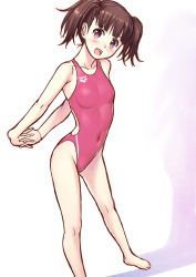 Rule 34 | 1girl, absurdres, arena (company), brown hair, competition swimsuit, gradient background, highres, kuri (kurigohan), long hair, one-piece swimsuit, original, pink one-piece swimsuit, red eyes, solo, standing, stretching, swimsuit, teeth, twintails, upper teeth only