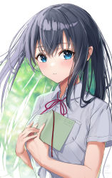 Rule 34 | 1girl, absurdres, black hair, blue eyes, book, collared shirt, colored inner hair, green hair, grey shirt, highres, holding, holding book, long hair, looking at viewer, multicolored hair, neck ribbon, original, parted lips, red ribbon, ribbon, shirt, simple background, solo, taiga (ryukyu-6102-8), two-tone hair, upper body, white background, wing collar
