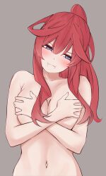 Rule 34 | bare shoulders, blue eyes, blush, breasts, cleavage, covering privates, covering breasts, go-toubun no hanayome, highres, large breasts, looking to the side, nakano itsuki, navel, nude, ponytail, pout, red hair