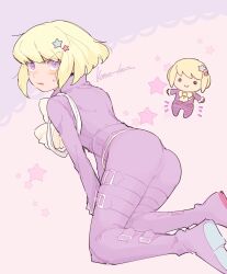 Rule 34 | 1boy, artist name, ascot, ass, ass focus, belt, bent over, blonde hair, blush, character doll, colored shoe soles, commentary request, earrings, embarrassed, floating, floating hair, hair ornament, highres, jewelry, kome 1022, lio fotia, looking at viewer, male focus, multiple belts, official alternate costume, open mouth, own hands together, pastel colors, pink background, promare, purple eyes, short hair, solo, star (symbol), star hair ornament, sweatdrop, thigh belt, thigh strap, trap, v-shaped eyebrows, v arms