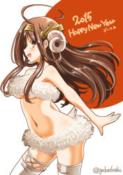 Rule 34 | 10s, 1girl, :d, ahoge, alternate costume, breasts, brown eyes, brown hair, hairband, horns, kantai collection, kongou (kancolle), long hair, looking at viewer, navel, open mouth, sheep horns, smile, sogabe toshinori, solo, thighhighs, twitter username, underboob, white thighhighs, zettai ryouiki