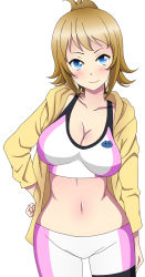 Rule 34 | 1girl, artist request, bike shorts, blonde hair, blue eyes, blush, breasts, cleavage, gundam, gundam build fighters, hand on own hip, highres, hoshino fumina, jacket, large breasts, looking at viewer, midriff, navel, ponytail, smile, solo, sports bra