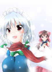 Rule 34 | 2girls, bare shoulders, blush, bow, box, braid, brown hair, detached sleeves, eyebrows, female focus, gift, gift box, hair bow, hair ribbon, hakurei reimu, izayoi sakuya, maid headdress, multiple girls, nanaume (shichimi tougarashi), open mouth, outstretched arms, perfect cherry blossom, red bow, red eyes, red scarf, ribbon, ribbon-trimmed sleeves, ribbon trim, scarf, simple background, touhou, tress ribbon, twin braids, upper body, white background, white hair