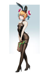 Rule 34 | 1girl, :/, acfun, acfun girl, animal ears, bag, bare arms, bare shoulders, black choker, black footwear, black leotard, blonde hair, blue background, blue bow, blush, bodystocking, bodystocking, bow, breasts, bun cover, carrot, choker, collarbone, double bun, fake animal ears, from side, full body, gradient background, hair between eyes, hair bow, hair bun, high heels, highres, holding, holding bag, keming huaxie, leotard, looking at viewer, o-ring, o-ring thigh strap, paper bag, playboy bunny, plunging neckline, rabbit ears, rabbit tail, short hair, small breasts, solo, tail, thigh strap, walking, white background, yellow eyes