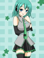 Rule 34 | 1girl, alternate hair length, alternate hairstyle, bad id, bad pixiv id, blue eyes, blush, breast hold, breasts, colorized, green background, hatsune miku, headphones, medium breasts, necktie, short hair, shunkashuutou, skirt, smile, solo, thighhighs, transparent background, vocaloid