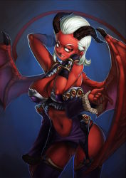 Rule 34 | 1girl, bat wings, bracer, breasts, cleavage, clothing cutout, colored skin, demon girl, demon horns, demon wings, detached sleeves, extra arms, eyelashes, forehead, horns, koi drake, large breasts, navel, navel cutout, original, panties, red eyes, red skin, short hair, skindentation, solo, demon girl, thighhighs, underwear, vambraces, white hair, wings