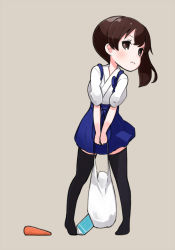 Rule 34 | 10s, 1girl, aged down, bag, beige background, black thighhighs, brown eyes, brown hair, carrot, commentary request, full body, hajimete no otsukai, hakama, hakama short skirt, hakama skirt, holding, holding bag, japanese clothes, kaga (kancolle), kantai collection, milk carton, nakashino setsu, shopping bag, side ponytail, simple background, skirt, solo, standing, tasuki, thighhighs, wavy mouth