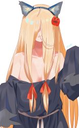Rule 34 | 1girl, ahoge, animal ears, blonde hair, breasts, candy, cleavage, covered eyes, cowboy shot, facing viewer, fake animal ears, food, hair ornament, hair over eyes, hair ribbon, hairband, halloween, highres, jack-o&#039;-lantern, jack-o&#039;-lantern hair ornament, lollipop, long hair, long sleeves, mouth hold, orange ribbon, original, ribbon, ryusei hashida, sash, signature, simple background, sleeves past fingers, sleeves past wrists, solo, upper body, very long hair, white background, white sash
