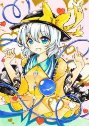 Rule 34 | 1girl, bad id, bad pixiv id, blouse, blue eyes, collar, frilled collar, frilled shirt collar, frilled sleeves, frills, hands up, hat, hat ribbon, heart, heart of string, komeiji koishi, lakestep55, long sleeves, looking at viewer, marker (medium), open mouth, pink background, ribbon, shirt, short hair, solo, third eye, touhou, traditional media, upper body, white hair