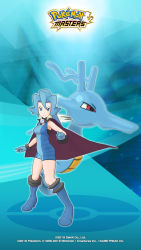 Rule 34 | blue eyes, blue footwear, blue gloves, blue hair, boots, breasts, cape, clair (pokemon), creatures (company), game freak, gen 2 pokemon, gloves, highres, kingdra, matching hair/eyes, nintendo, official art, pokemon, pokemon (creature), pokemon hgss, pokemon masters ex, red eyes, tagme