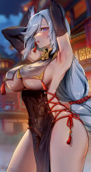 Rule 34 | 1girl, armpits, arms behind head, arms up, black gloves, blue eyes, blush, braid, breasts, china dress, chinese clothes, clothing cutout, covered navel, dress, elbow gloves, foxyreine, genshin impact, gloves, hair ornament, hair over one eye, highres, hip vent, large breasts, long hair, long sleeves, looking at viewer, low-braided long hair, low-tied long hair, open mouth, pelvic curtain, puffy long sleeves, puffy sleeves, shenhe (genshin impact), shoulder cutout, sideboob, sideless outfit, silver hair, sky, solo, tabard, tassel, thighs, underboob, very long hair