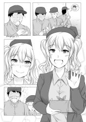 Rule 34 | 10s, 1girl, alternate costume, beret, burn scar, casual, comic, commentary, greyscale, hat, highres, kantai collection, kashima (kancolle), lunchbox, monochrome, monochrome, multiple boys, robba-san (wangphing), scar, smile, twintails, wangphing
