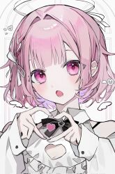 Rule 34 | 1girl, angel wings, black bow, black bowtie, bow, bowtie, collared shirt, commentary, hair ribbon, halo, heart, heart hands, highres, long sleeves, looking at viewer, lower teeth only, mini wings, nong 345, ootori emu, open mouth, pink eyes, pink hair, project sekai, ribbon, ribbon braid, shirt, short hair, solo, symbol-only commentary, teeth, upper body, white ribbon, white shirt, wings