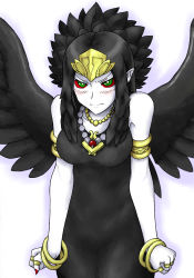 Rule 34 | 1girl, angry, armband, aura, bare shoulders, black dress, black hair, black wings, blush, bracelet, breasts, clenched hands, colored sclera, colored skin, dress, duel monster, emblem, fabled grimro, feathers, female focus, fingernails, green eyes, highres, jewelry, long fingernails, long hair, long image, looking at viewer, lots of jewelry, monster girl, multicolored eyes, nail polish, necklace, pointy ears, red nails, red sclera, ring, simple background, solo, standing, tall image, tiara, updo, white background, white skin, wings, yu-gi-oh!, yu-gi-oh! duel monsters