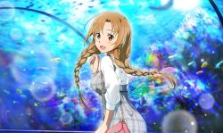 Rule 34 | 1girl, :d, aquarium, asuna (sao), bag, blurry, blurry background, braid, brown eyes, brown hair, dress, dress shirt, earrings, floating hair, from side, grey dress, handbag, jewelry, lens flare, long hair, long sleeves, low twintails, open mouth, pinafore dress, plaid, plaid dress, shirt, sleeveless, sleeveless dress, smile, solo, sparkle, sword art online, twin braids, twintails, very long hair, white shirt