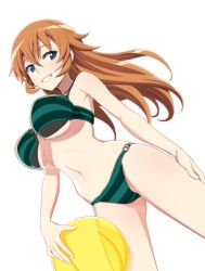 Rule 34 | 1girl, ball, beachball, bikini, blue eyes, blush, breasts, brown hair, charlotte e. yeager, female focus, green bikini, groin, hand on thigh, jewelry, large breasts, long hair, looking at viewer, monochrome background, nanashino, navel, necklace, parted lips, shiny skin, simple background, smile, solo, strike witches, striped bikini, striped clothes, swimsuit, teeth, underboob, white background, world witches series