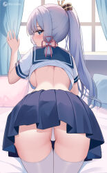 Rule 34 | 1girl, ass, ayaka (genshin impact), back, bent over, blue eyes, blue skirt, breasts, closed mouth, clothes lift, curtain grab, curtains, from behind, genshin impact, hair ornament, hair ribbon, high ponytail, highres, icwine, long hair, looking at viewer, looking back, medium breasts, miniskirt, no bra, panties, partially visible vulva, pleated skirt, ribbon, school uniform, serafuku, shirt lift, skirt, solo, thighhighs, thighs, underboob, underwear, white panties, white thighhighs, window