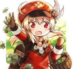 Rule 34 | 1girl, :d, ahoge, backpack, bag, basket, brown gloves, brown scarf, cabbie hat, clover, clover print, coat, commentary, craytm, english commentary, four-leaf clover, genshin impact, gloves, hair between eyes, hat, hat feather, hat ornament, highres, klee (genshin impact), light brown hair, long hair, long sleeves, looking at viewer, low twintails, open mouth, orange eyes, pocket, pointy ears, randoseru, red coat, red hat, scarf, sidelocks, smile, solo, twintails, waving