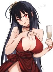 Rule 34 | 1girl, ahoge, azur lane, bad id, bad pixiv id, bare arms, black hair, blush, breasts, champagne flute, choker, cleavage, cocktail dress, cup, dress, drinking glass, hair between eyes, halterneck, head tilt, highres, holding, holding cup, huge breasts, long hair, looking at viewer, official alternate costume, open mouth, red choker, red dress, red eyes, side slit, sidelocks, simple background, solo, suminagashi, taihou (azur lane), taihou (forbidden feast) (azur lane), white background