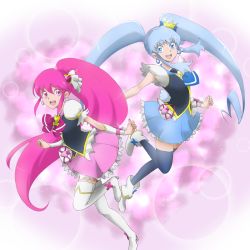 Rule 34 | 10s, 2girls, aino megumi, blue eyes, blue hair, blue skirt, blue thighhighs, boots, bow, brooch, cure lovely, cure princess, earrings, eyelashes, hair ornament, happinesscharge precure!, happy, heart, heart brooch, highres, jewelry, long hair, looking at viewer, magical girl, multiple girls, open mouth, pink bow, pink eyes, pink hair, pink skirt, ponytail, precure, puffy sleeves, ribbon, shirayuki hime, shirt, skirt, thigh boots, thighhighs, thighs, tsukikage oyama, twintails, white legwear, wide ponytail, wrist cuffs, zettai ryouiki