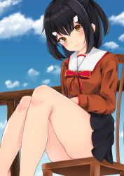 Rule 34 | 1girl, ass, black hair, black skirt, blush, breasts, brown eyes, chair, commentary request, day, fate/grand order, fate/kaleid liner prisma illya, fate (series), feet out of frame, hair ornament, hairclip, highres, long hair, looking at viewer, miyu edelfelt, outdoors, pleated skirt, red ribbon, ribbon, siroimo0828, sitting, skirt, small breasts, smile, solo