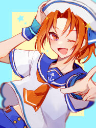 Rule 34 | 1boy, blue background, blue sailor collar, fang, hat, highres, hyd (technoroid), looking at viewer, male focus, multicolored background, one eye closed, orange eyes, orange hair, pointing, pointing at viewer, sailor collar, sailor hat, shenaa, shirt, short hair, short sleeves, shorts, skin fang, solo, technoroid, trap, yellow background