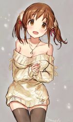Rule 34 | 1girl, aran sweater, bad id, bad pixiv id, bare shoulders, blush, breasts, brown eyes, brown hair, cable knit, cleavage, collarbone, cowboy shot, dress, hair ribbon, heart, heart necklace, highres, idolmaster, idolmaster cinderella girls, jewelry, large breasts, looking at viewer, necklace, off-shoulder, off-shoulder sweater, off shoulder, open mouth, own hands together, ribbon, simple background, sleeves past wrists, smile, solo, sweater, sweater dress, tamaext, thighhighs, totoki airi, twintails
