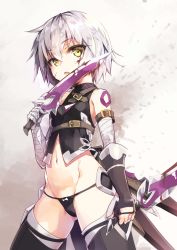 Rule 34 | 1girl, absurdres, arm belt, bandaged arm, bandages, bare shoulders, belt, black gloves, black panties, black thighhighs, blood, blood on face, blood splatter, cowboy shot, cura, dagger, dual wielding, elbow gloves, fate/apocrypha, fate (series), fingerless gloves, gloves, highres, holding, holding dagger, holding knife, holding weapon, jack the ripper (fate/apocrypha), knife, legs apart, looking at viewer, navel, panties, reverse grip, short hair, silver hair, solo, standing, thighhighs, underwear, weapon, yellow eyes