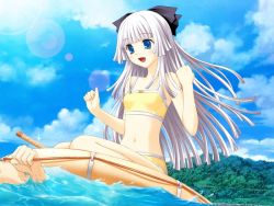 Rule 34 | 00s, 1boy, 1girl, afloat, bikini, blue eyes, blue sky, blunt bangs, bow, breasts, clenched hands, cloud, cloudy sky, day, from side, game cg, hair bow, hime cut, inflatable raft, innertube, jpeg artifacts, kneeling, kono aozora ni yakusoku wo, kujou miyaho, lens flare, long hair, looking at another, mountain, navel, nekonyan, ocean, outdoors, partially submerged, pulling, rokujou miyaho, rope, seiza, sidelocks, sitting, sky, small breasts, solo focus, sun, swim ring, swimsuit, tankini, very long hair, water, white hair, yellow bikini
