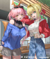 Rule 34 | 2girls, absurdres, ahoge, animal ear fluff, animal ears, blonde hair, blue skirt, blue sweater, blush, braid, breasts, buttons, contemporary, cup, disposable coffee cup, disposable cup, eyewear on head, fate/extra, fate (series), fox ears, fox girl, fox tail, french braid, green eyes, grey shorts, hair between eyes, hair bun, hair intakes, highres, jacket, jewelry, kamehito, large breasts, long hair, looking at viewer, multiple girls, necklace, nero claudius (fate), nero claudius (fate) (all), nero claudius (fate/extra), off-shoulder sweater, off shoulder, open mouth, pink hair, red jacket, shirt, shorts, sidelocks, single hair bun, skirt, smile, sunglasses, sweater, tail, tamamo (fate), tamamo no mae (fate/extra), white shirt, yellow eyes