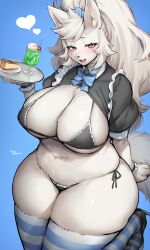 Rule 34 | 1girl, absurdres, animal ears, animal nose, bikini, black bikini, black eyes, blue background, blush, body fur, breasts, cake, commentary request, fangs, food, furry, furry female, gradient background, heart, highres, holding, large breasts, long hair, looking at viewer, maid, maid bikini, maid headdress, open mouth, original, ponytail, side-tie bikini bottom, snout, solo, suurin (ksyaro), swimsuit, tail, thick thighs, thighs, twitter username, unconventional maid, white fur