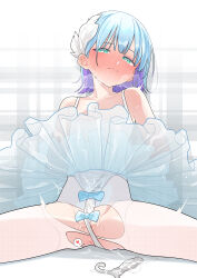 Rule 34 | 1boy, aneros, anus, aqua eyes, arms behind back, ass, ballet, bare shoulders, blue hair, blush, butt plug, crossdressing, embarrassed, frills, highres, leotard, looking at viewer, male focus, mubo, multicolored hair, original, pantyhose, see-through, sex toy, short hair, solo, sweat, torn clothes, trap, two-tone hair, white pantyhose