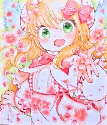 Rule 34 | 1girl, blonde hair, bow, bowtie, dress, fairy wings, flower, green background, green eyes, happy, heart, heart-shaped pupils, highres, lily white, long hair, long sleeves, looking at viewer, marker (medium), naruki, open mouth, outstretched hand, pink flower, red bow, red bowtie, simple background, solo, symbol-shaped pupils, touhou, traditional media, upper body, white dress, wings