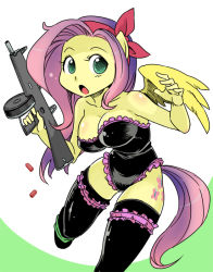 Rule 34 | 12-gauge, 1girl, aa-12, animal ears, automatic shotgun, bare shoulders, black thighhighs, breasts, cleavage, colored skin, combat shotgun, cosplay, cutie mark, dragon ball, dress, drum magazine, fluttershy, frilled thighhighs, frills, fringe trim, furry, furry female, green eyes, gun, hair bun, hair ribbon, high-capacity magazine, horse ears, horse girl, large breasts, leotard, lunch (dragon ball), lunch (dragon ball) (cosplay), magazine (weapon), my little pony, my little pony: friendship is magic, open mouth, personification, pink hair, ribbon, running, shell casing, shepherd0821, shotgun, shotgun shell, solo, strapless, strapless dress, tail, thighhighs, weapon, wings, yellow skin