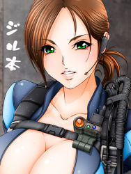 Rule 34 | 1girl, breasts, brown hair, cleavage, collarbone, green eyes, headset, huge breasts, jacket, jill valentine, lips, open clothes, open jacket, resident evil, resident evil: revelations, resident evil 5, size hermitage, solo