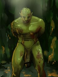 Rule 34 | 1boy, bald, bar censor, blood, bobo (id=2435517), censored, colored skin, flaccid, green skin, highres, large penis, male focus, muscular, nude, orc, original, penis, pointy ears, restrained, solo, tattoo