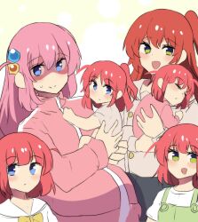 Rule 34 | 6+girls, absurdres, baby, baby carry, blue eyes, bocchi the rock!, carrying, cube hair ornament, female focus, gotoh hitori, hair between eyes, hair ornament, highres, hinghoi, if they mated, ips cells, jacket, kita ikuyo, long hair, mother and daughter, multiple girls, one side up, open mouth, pink hair, pink jacket, pregnant, red hair, school uniform, shaded face, smile, track jacket, yuri