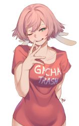 Rule 34 | 1girl, alternate hair length, alternate hairstyle, arm behind back, breasts, clothes writing, collarbone, frenchvanillu, genshin impact, green eyes, hair ornament, highres, medium breasts, one eye closed, open mouth, pink hair, red shirt, shirt, short hair, short sleeves, simple background, solo, t-shirt, teeth, upper teeth only, white background, yanfei (genshin impact)