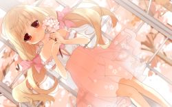 Rule 34 | 1girl, bare shoulders, blonde hair, blunt bangs, blush, bow, bow panties, cafe sourire, dress, flower, hair bow, highres, holding, holding flower, kurot, long hair, looking at viewer, ogiwara kyouko, panties, red eyes, see-through, solo, twintails, underwear
