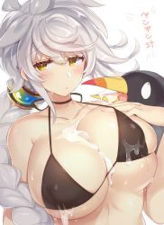Rule 34 | 10s, 1girl, bad id, bad twitter id, bikini, black bikini, blush, breasts, bridal gauntlets, choker, cleavage, commentary request, failure penguin, halterneck, hand on own chest, huge breasts, kantai collection, long hair, pokoten (pokoten718), ribbon choker, silver hair, simple background, single bridal gauntlet, skindentation, solo, suggestive fluid, swimsuit, unryuu (kancolle), upper body, white background, yellow eyes