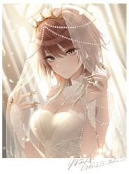 Rule 34 | 1girl, aketa mikoto, alternate costume, blush, breasts, bridal veil, brown hair, cleavage, commentary, commission, detached collar, dress, gem, glint, highres, idolmaster, idolmaster cinderella girls, jewelry, light particles, light rays, looking at viewer, medium breasts, multicolored eyes, pearl (gemstone), q-v (levia), ring, solo, tiara, upper body, veil, wedding dress, wedding ring, white dress