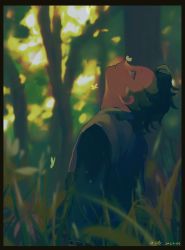 Rule 34 | 1boy, animal, black hair, blurry, border, bug, butterfly, butterfly on nose, dated, day, depth of field, from side, grass, highres, insect, japanese clothes, kimetsu no yaiba, long sleeves, looking away, looking up, male focus, nature, odd7qjxrjtueldt, on ground, outdoors, profile, shinazugawa genya, sitting, solo, undercut, upper body