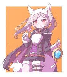 Rule 34 | 1girl, animal ears, animal hands, belt, candy, fire emblem, fire emblem awakening, fire emblem heroes, food, fur trim, gloves, grima (fire emblem), halloween costume, highres, holding, licking lips, lollipop, long sleeves, mugimaru (user rdve5552), nintendo, orange background, paw gloves, red eyes, robin (female) (fire emblem), robin (fire emblem), shorts, simple background, solo, tail, thigh strap, tongue, tongue out, twintails, white hair, wolf ears, wolf tail