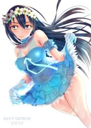 Rule 34 | 1girl, bare shoulders, birthday, blue hair, character name, choker, commentary request, cowboy shot, dated, dogwood (flower), dress, earrings, flower, gloves, hair between eyes, hair ornament, happy birthday, head wreath, highres, jewelry, long hair, looking at viewer, love live!, love live! school idol festival, love live! school idol project, simple background, skirt, skirt hold, smile, solo, sonoda umi, white background, white gloves, yellow eyes, yume no tobira, zakuro0508