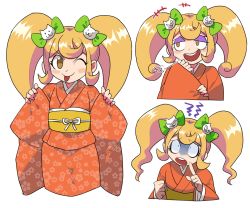 Rule 34 | 1girl, :p, blonde hair, blush, blush stickers, bow, cat hair ornament, commentary request, danganronpa (series), danganronpa 2: goodbye despair, furukawa (yomawari), green bow, hair bow, hair ornament, hands up, highres, japanese clothes, kimono, long hair, long sleeves, looking at viewer, multiple views, obi, one eye closed, open mouth, orange kimono, print kimono, round teeth, saionji hiyoko, sash, shaded face, simple background, smile, teeth, tongue, tongue out, twintails, upper teeth only, white background, wide-eyed, wide sleeves