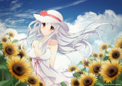 Rule 34 | 10s, 1girl, alternate costume, arms behind back, artist name, blue sky, blush, breasts, casual, cleavage, cloud, cloudy sky, collarbone, day, dress, female focus, flower, hat, hat flower, hat ribbon, hibiscus, kantai collection, large breasts, light smile, long hair, looking at viewer, mimamui, o-ring, o-ring top, outdoors, ribbon, shoukaku (kancolle), sky, smile, solo, spaghetti strap, summer, sun hat, sundress, sunflower, upper body, white hair, wind