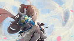 Rule 34 | 1girl, arknights, artist name, blue flower, bouquet, brown eyes, brown hair, character name, closed mouth, eps3rd, eyebrows hidden by hair, eyjafjalla (arknights), eyjafjalla the hvit aska (arknights), floating hair, flower, highres, holding, holding bouquet, horns, jacket, long hair, looking at viewer, open clothes, open jacket, purple shirt, rose, sheep horns, shirt, side ponytail, smile, solo, upper body, very long hair, white flower, white jacket, yellow flower, yellow rose